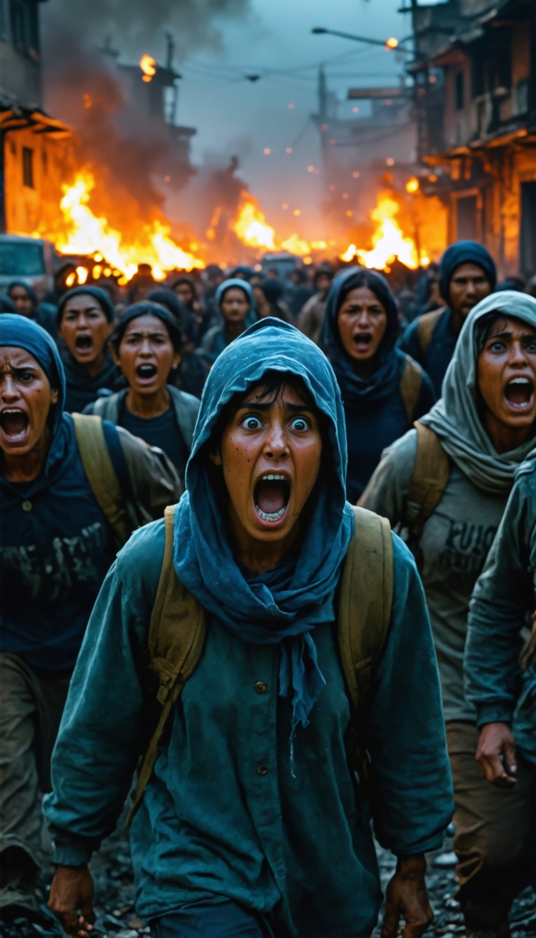 "A group of terrified refugees fleeing Merv, their faces filled with despair as the city burns in the background."