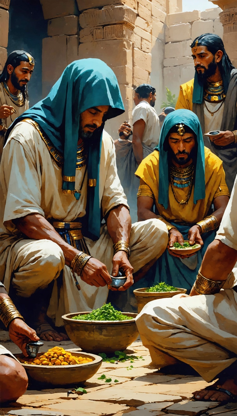 "A scene of common Egyptians suffering from diseases, with a healer applying herbal remedies while people around them deal with lice and infections."