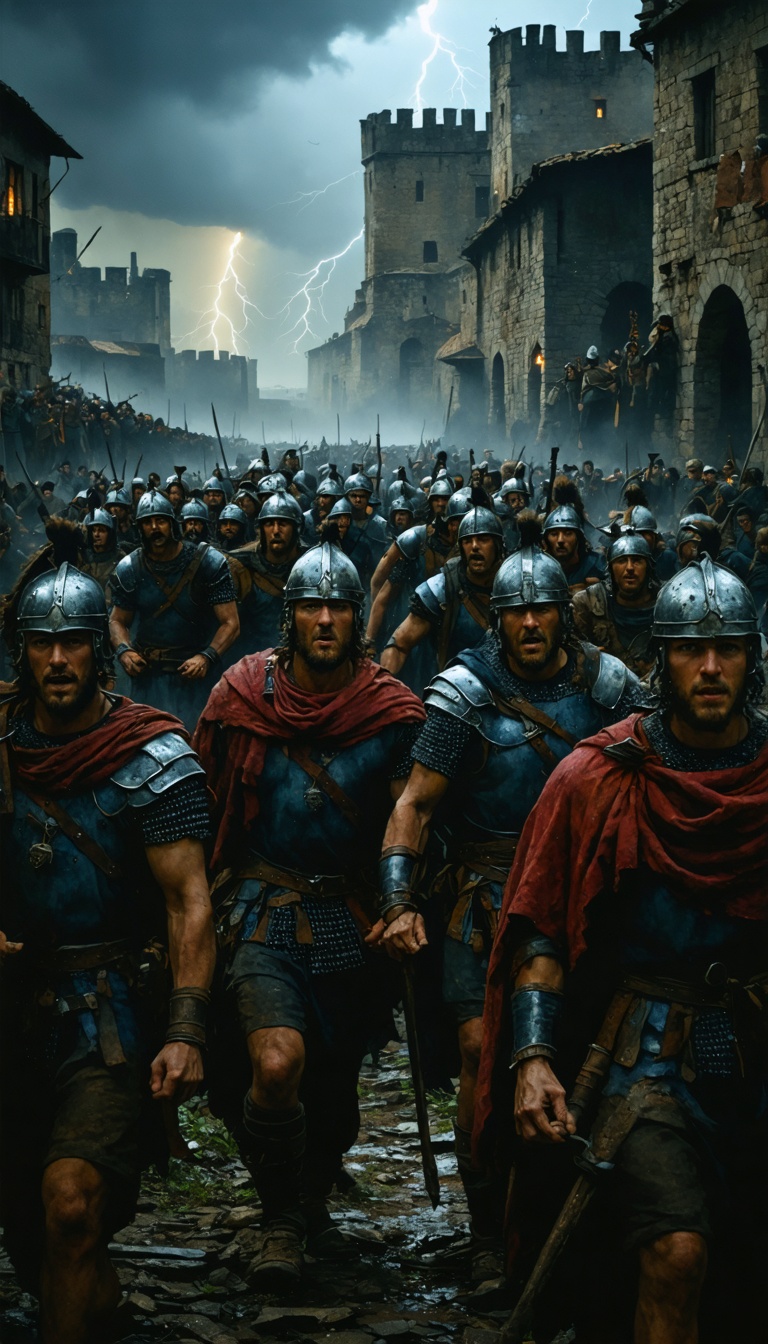 The Gallic people struggling inside the besieged city, their faces showing despair as resources run out.