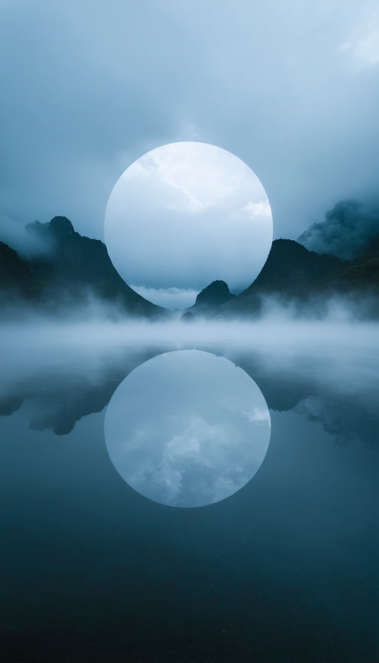 Wide IMAX shot of perfect circular clearing with no plants or sound, air shimmering faintly, unnatural stillness, mist hovering low, cold blue-gray palette, massive atmospheric depth, 9:16 vertical.