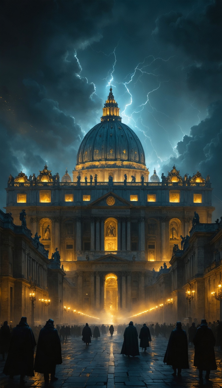An ultra-realistic, dramatic night scene of Vatican City, shrouded in an eerie, otherworldly atmosphere. The iconic St. Peter's Basilica stands in the background, illuminated by the faint glow of five massive, ancient portals scattered across the city. Each portal radiates swirling, golden and silver light, with intricate engravings of biblical prophecies visible on their bronze frames. Faint silhouettes of towering, angelic, and demonic figures begin to emerge from the glowing mists, their forms both awe-inspiring and foreboding. In the foreground, Pope Francis stands solemnly, wearing his white papal attire, holding an ornate ceremonial hammer in one hand and a golden key in the other, both reflecting the portal's light. His expression is a mix of determination and reverence, as if fully aware of the gravity of the ritual. The sky above is dark and stormy, with jagged lightning bolts illuminating swirling clouds, while faint beams of celestial light cut through, casting long shadows on the cobblestone streets below. The air is thick with mystery and an impending sense of divine and apocalyptic power.