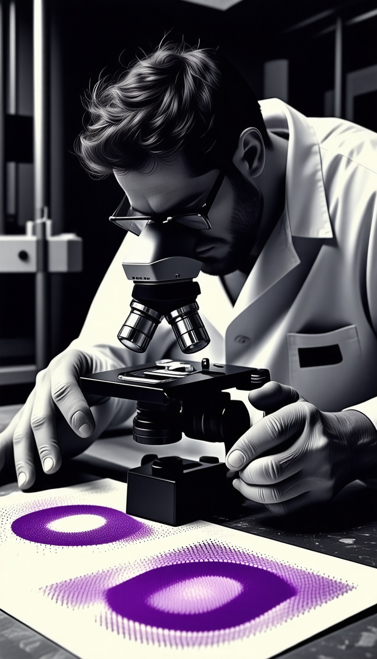 Fingerprint technician comparing prints under microscope, dramatic noir tone.