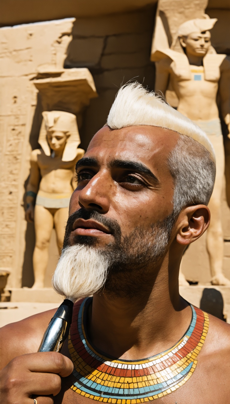 "A comedic yet realistic depiction of an Egyptian man shaving his head to avoid lice, while a wig-maker crafts elaborate wigs from real hair."