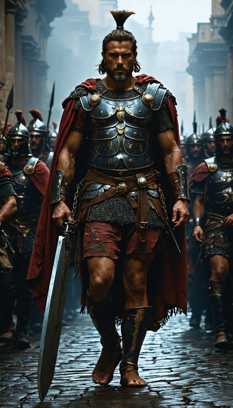 "A solemn depiction of Vercingetorix in chains, being paraded through Rome before his eventual execution.