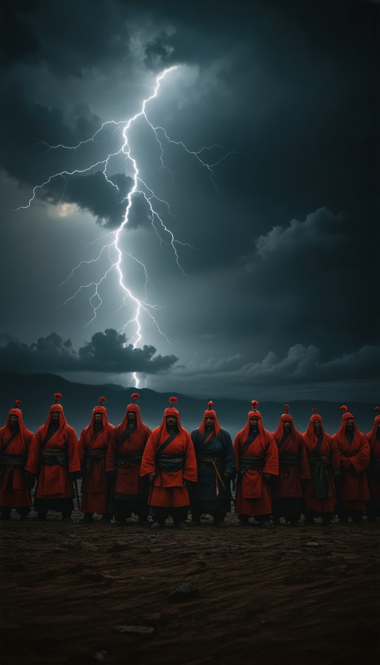 "A grim depiction of Mongol justice, with prisoners lined up for execution under Genghis Khan’s watchful gaze."